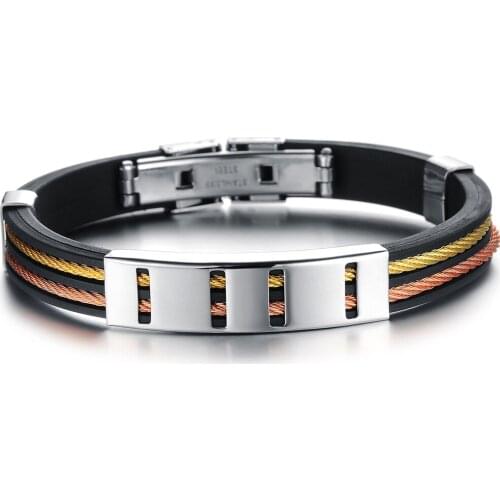 21cm Long Black Metal Bracelet Korean Luxury Brand Wristband Charm Stainless Steel Punk Silicone Bangle for Man Jewelry