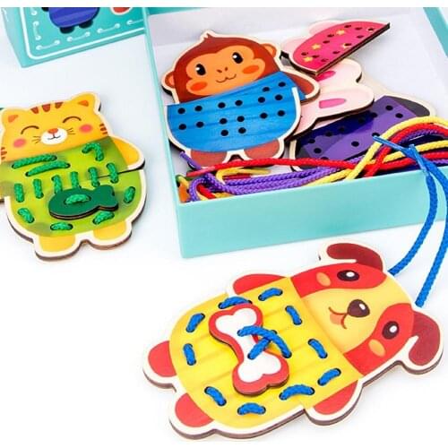 Kids Cartoon Fruit Animal Vegetable Wooden Lacing Block Threading Game Puzzle Toy Parent-child Interactive Educational Game Gift