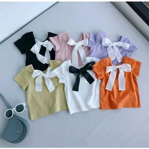 Summer Baby Girls T-shirts Stylish Casual Bow Tie Short Sleeves Tops For Girls Toddler Kids Clothes Cotton Child Girls Tees 2019