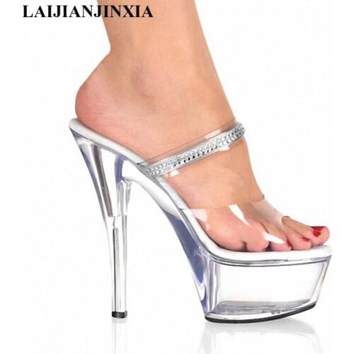 LAIJIANJINXIA Fashion 6 Inch High Heel Shoes Sexy Party Crystal Shoes Rhinestone Clear Platform 15cm Ultra High Heels Slippers
