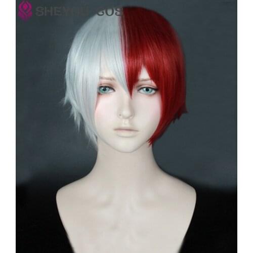 My Hero Academia Boku no Hiro Akademia Shoto Todoroki Shouto Short White And Red Heat Resistant Cosplay Costume Wig + Wig Cap
