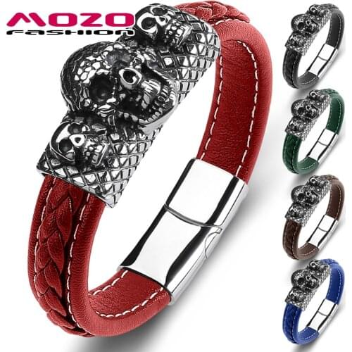 MOZO FASHION Men 2021 Skull Leather Stainless Steel Simple Bracelets Wholesale Grid Collocation Punk Cuff HOT Jewelry 148