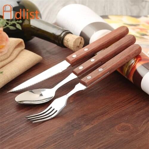 18pcs Creative Travel Tableware Stainless Steel Dinnerware Set Wood Handle Japanese Cutlery Korean Dinner Knife Fork Spoon Black
