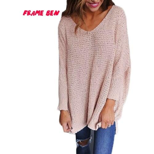 FRAME BEN New 2019 Autumn Women Basic Sweater Knitted V Neck Strapless Sweater Thickening Loose Solid Tops Plus Size