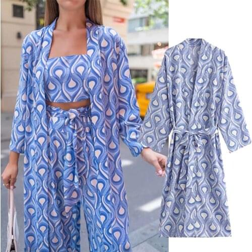 Klkxmyt Za Dress Women 2021 Vintage Blue Print Long Kimono Dress Woman Fashion Casual With Tied Female Midi Dresses Vestidos