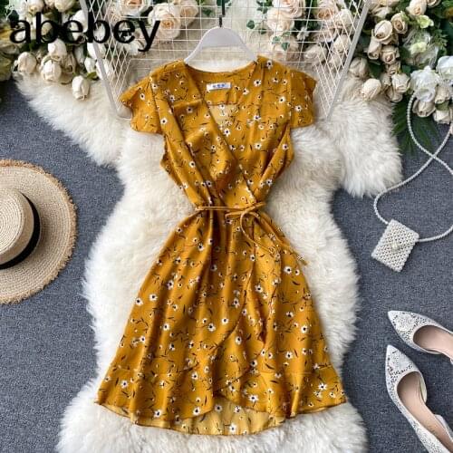 Women Floral Summer Wrap Dress V Neck A-Line Ruffles Chiffon Short Dress Korean Elegant Bohemian Print Beach Sundress