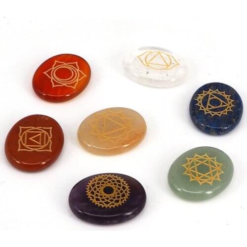 Reiki charms Natural crystal semi-gemstone agate engraved aura symbol seven chakra energy healing stone