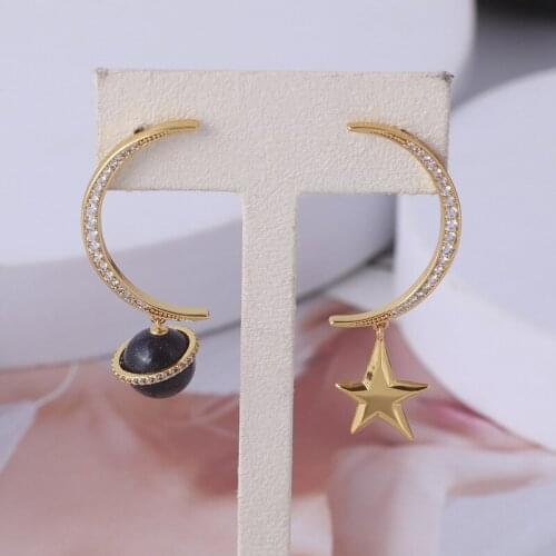 Full Diamond Moon Glossy Stars Three-dimensional Planet Asymmetrical Earrings