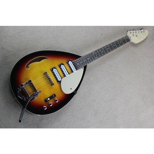 Custom 6 string water drop guitar,sunburst guitar,flamed maple veneer,tremolo bridge SSS pickups,white pickguard,trill rocker