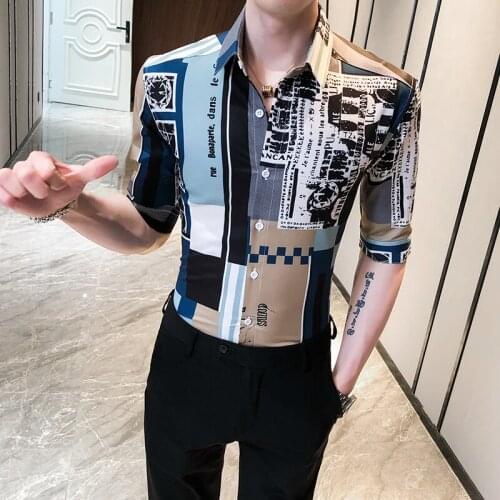 High Quality Korean Summer Shirts for Men Fashion 2020 Half Sleeve Print Shirt Men Casual Slim Fit Streetwear Chemise Homme 3XL