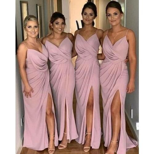 Sexy Chiffon Mermaid Pink Bridesmaid Dresses with Slit Long Pleated Floor Length Custom Made Zipper Formal Wedding Party Dresses