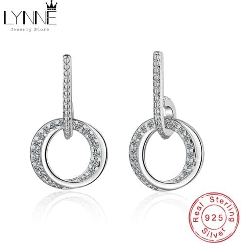 Fashion Double Round Patterns Rhinestone Drop Earrings 925 Sterling Silver Shaking Zircon Circle Pendant Ear Stud Women Jewelry