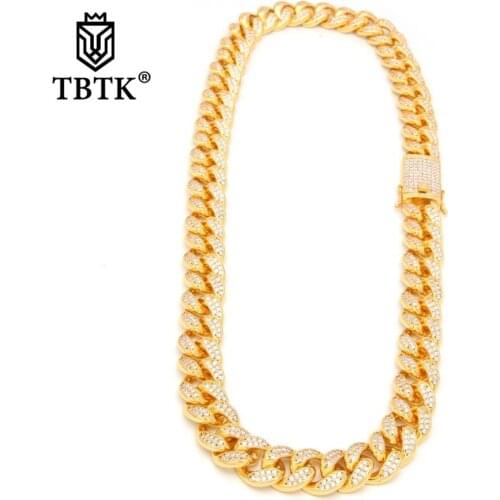 TBTK 20mm Width Gold Heavy Necklace Paved Full of Bling Zircon Crystal Geometic Necklace Cuban Link Necklace for Man Punk Style