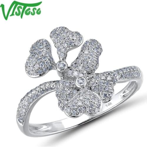 VISTOSO 14K 585 White Gold Rings For Lady White Flower Ring Sparkling Diamond Promise Engagement Rings Anniversary Fine Jewelry