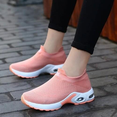 Womens Summer Casual Shoes Fly Mesh Surface Hollowed Out Thick Soled High Rise Casual Shoes Light Slip On Sports Shoes