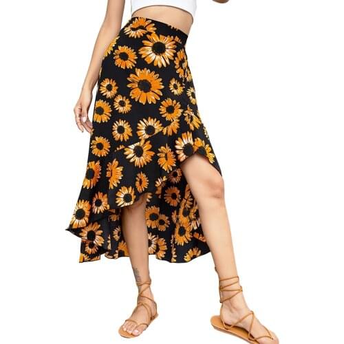 Women Fashion High Waist Floral Print Skirt Stylish Irregular Hem Skirt for Ladies Female
