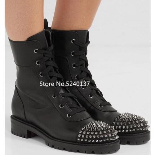 New European Silver Rivets Black Women Mid-calf Boots Round Toe Lace-up Flat Autumn/Winter Runway Motorcycle Boots For Women
