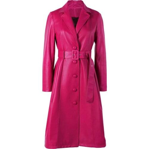 Women Ladies Plus Size Jackets Single Breasted Long Genuine Leather Trench Coat