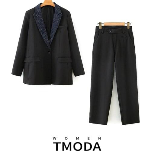 TMODA392 Two Pieces Sets Women England Office Dot Single Button Blazers Women Jackets Tops and Suit Pants Trousers Women Set