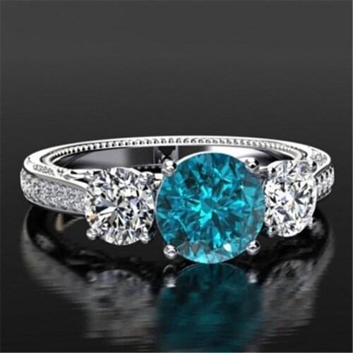 X yan Fashion Silver Color Inlaid Sparkling Blue Crystal Zircon Rhinestone Ring for Women Party Wedding Female Alloy Jewelry
