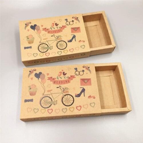 12Pcs/Lot 11.5x8x2.2cm Cute Kraft Paper Pull Push Drawer Paper Jewelry Box Print With Happy Family Plants Chrysanthemum Displays