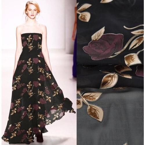 135CM Wide 75G/M Purple Rose Thin Burntout Black Fabric Good for Summer Dress Skirt Shirt JH184
