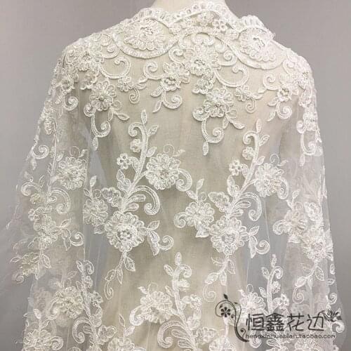 140CM white sequined beads Wedding bridal Dress Applique DIY Bridal Headdress scarf veil curtain Embroidered Lace Fabric Patch