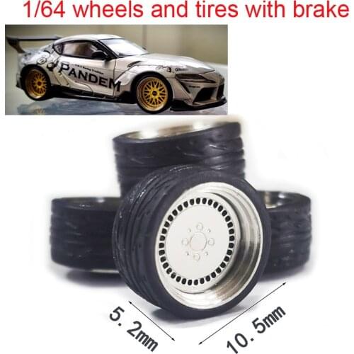 4PCS New 2021Year Modify 5.2mm/10.5mm Alloy Wheel Hub and Rubber Tire With Brake for 1/64 Domeka/Kyosho/Greenlight/HW Model Car