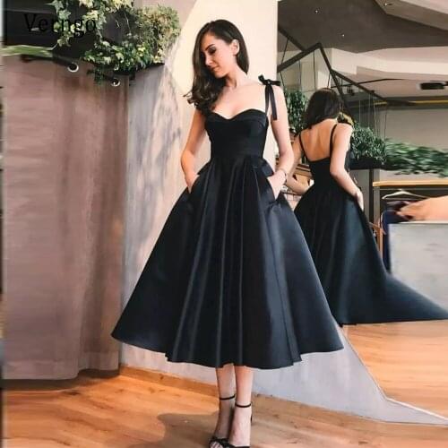 Verngo Black Satin Tea Length Prom Dresses With Pockets A Line Sweetheart Bow Shoulder Straps Red Short Evening Party Gowns