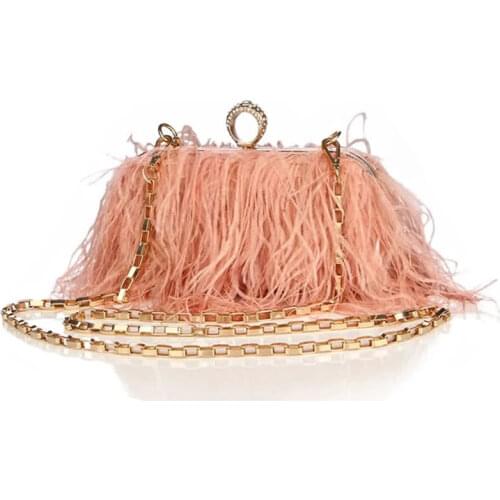 Luxy Moon Designer Ostrich Fur Feather Wallet Clutch Bag Women Clutch Diamond Knuckle Rings Dinner Evening Bag Chain Purse