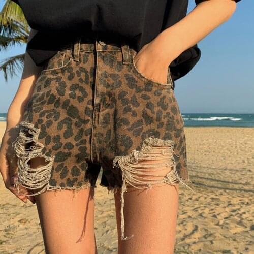 Vintage Leopard Summer High Waist Jeans Casaul Streetwear Sexy Denim Shorts Korean Style Woman Pants Pantalon Femme 2021 WPY3110