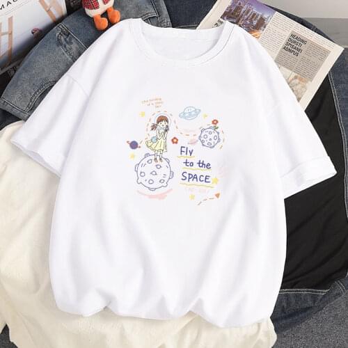 Harajuku 100% Cotton Summer Women T Shirt y2k Kawaii Anime Flying Into Space Girl White Short Sleeved Oversized T-shirts Tops