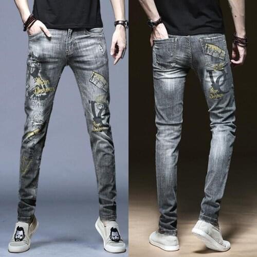 Men’s high quality printing jeans distressed style slimming ripped jeans for men street fashion casual pants men