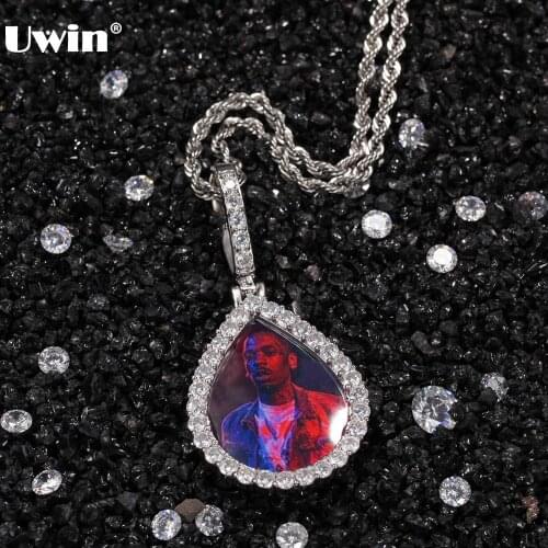 Uwin Hip Hop Jewelry DIY Photo Pendant Necklaces Water Drop Style Charms Full Iced Out Cubic Zirconia Necklaces for Gift