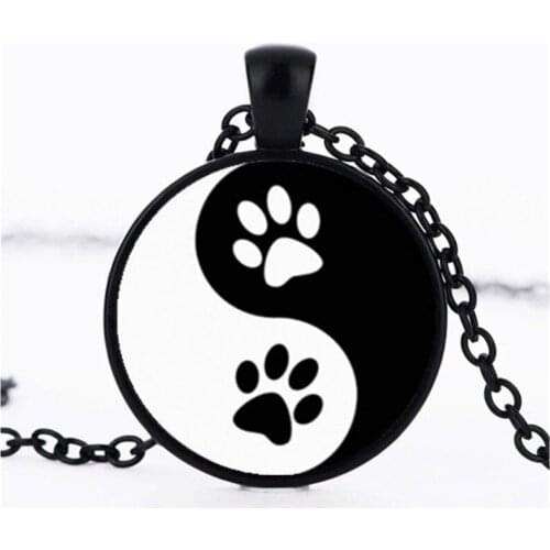 Yin yang Paw Print Photo Cabochon Glass Chain Necklace,Charm Creative Women Pendants Fashion Jewelry Accessory,Friend Gifts