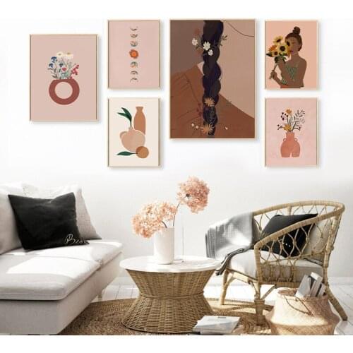 Simple Nordic Molandi color beauty sunflower vase hall porch sitting room mural poster prints canvas decorative picture
