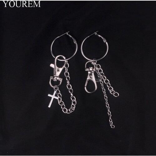 2*30mm asymmetry Personality tassel stainless steel hoop earrings girls gifts punk cross dog buckle charm earrings women