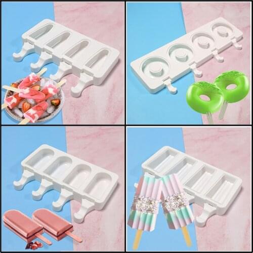Meibum 4 Cavity Donuts Shape Ice Cream Molds Silicone Popsicle Moulds Summer Freezer Juice Jelly Tools Ice Cube Tray and Sticks
