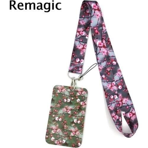 Cherry Plum Blossom Fashion Lanyard ID Badge Holder Bus Pass Case Cover Slip Bank Credit Card Holder Strap Card Holder