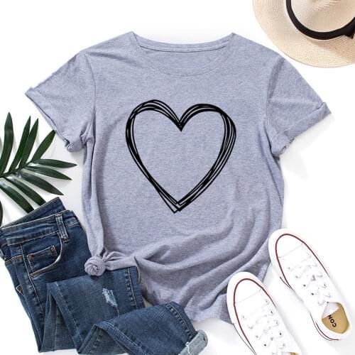 Love Heart Print Crew Neck Short Sleeve Summer Cotton Graphic Tee Tops for Women Female Shirts Clothes Basic T-Shirt Top