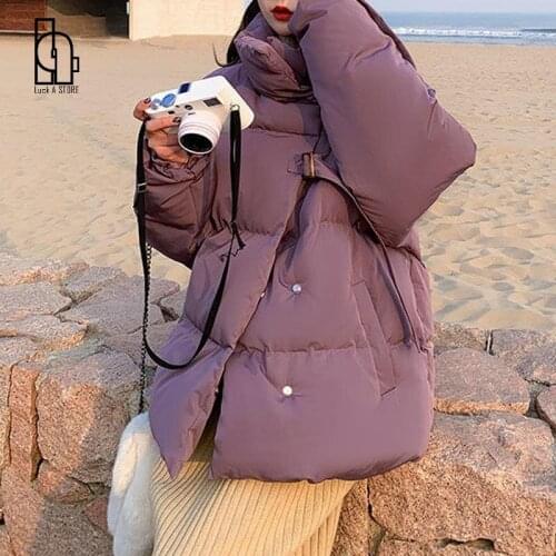 Women Candy Colors Winter Hooded Puffer Jacket Female Loose Long Sleeve Coat Harajuku Warm Parkas Purple White Green