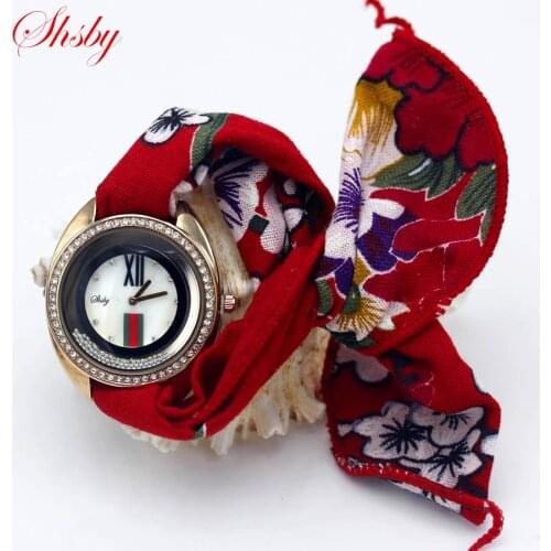 Shsby Ladies flower cloth wristwatch fashion women dress watch high quality fabric clock sweet girls rhinestone bracelet watch
