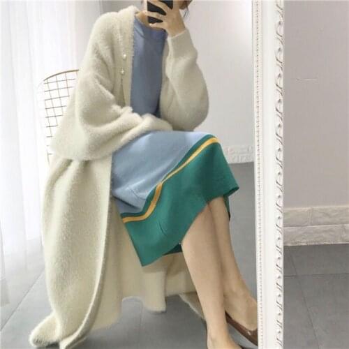 Women 2021 Autumn Winter New Loose Knitted Jackets Female Long Sleeve Sweater Coats Ladies Faux Mink Cashmere Cardigans T576