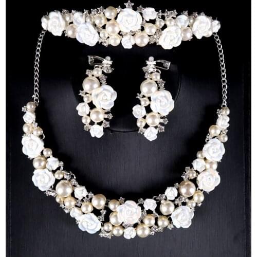 Womens Jewelry Set Bridal Necklace Earrings Crown Flower Crystal Imitation Pearl Jewelry Wedding Dress Accessories