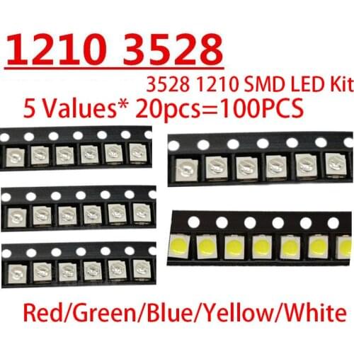5 Values* 20pcs=100PCS Bright 3528 1210 SMD LED Kit Red/Green/Blue/Yellow/White 20pcs Each LED Diode 3.5*2.8*1.9mm