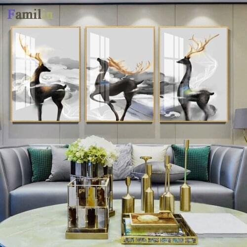 Abstract golden deer in the forest canvas painting posters and print modern decor wall art pictures for living room bedroom