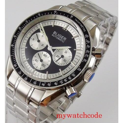 BLIGER 40mm black dial mechanical automatic mens watch date indicator week display stainless steel strap