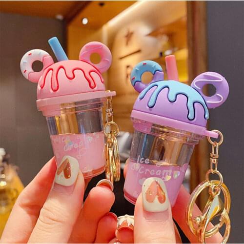 Cartoon Milk Tea Cup Liquid Quicksand Keychain Mouse Head Cute Donut Sequin Keyring Charm Bag Car Pendant Keyfob for Women