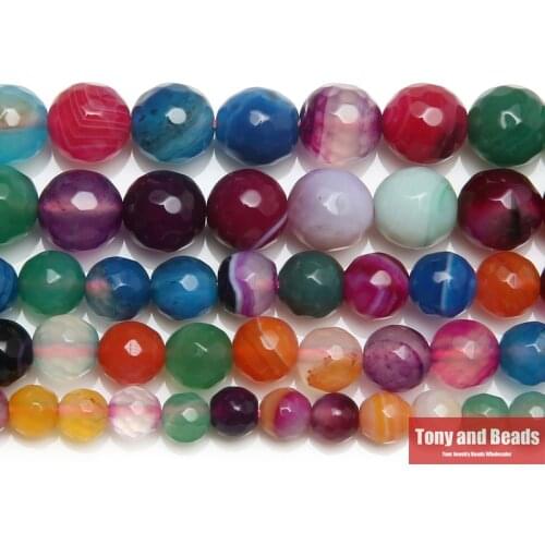 15" Strand Natural Stone Faceted Mixed Colors Stripe Agates Round Beads 6 8 10 12MM Pick Size For Jewelry