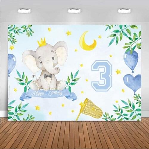 Number Customize 1 2 3 Happy Birthday Elepant Backgrounds For Decor Photo Gold Stars Children Party Table Backdrops Photography